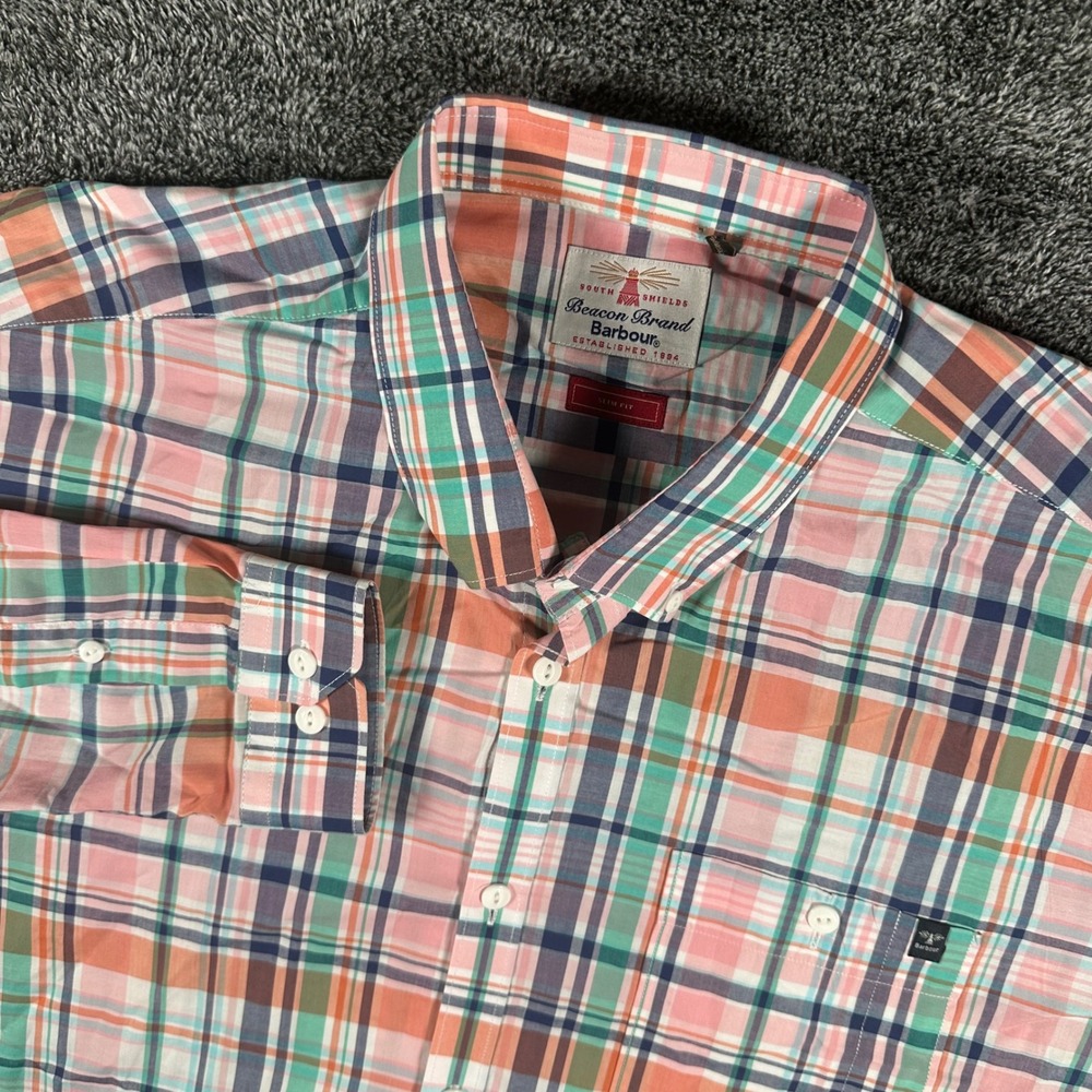 Barbour Shirt Mens L Slim Fit Multi Color Plaid Button Down Beacon Brand Preppy